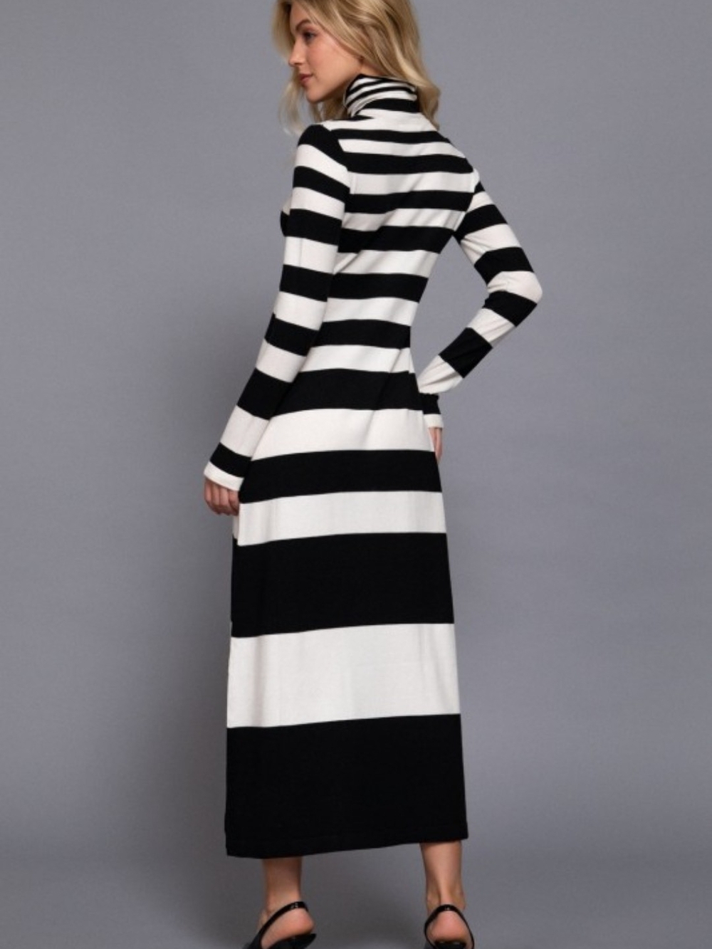 Striped Turtleneck Rugby Style Viscose Sweater Maxi Dress - Black & Cream - Picture 2 of 4